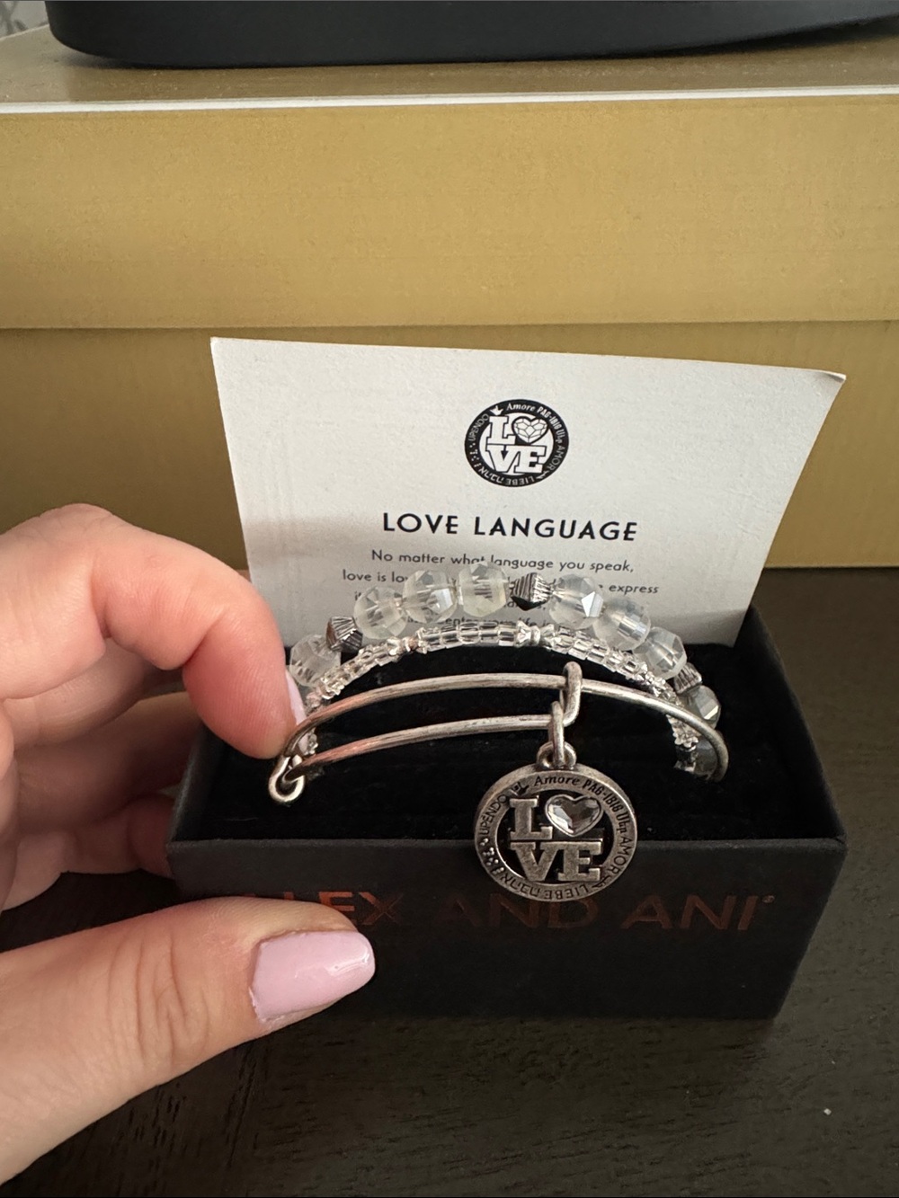 Alex and Ani Silver Bracelet Set (3) with Clear Crystal Beads and LOVE Charm